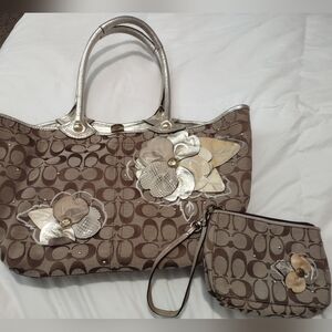 Elegant Gold, Cream, and Brown COACH  Floral Tote and Wristlet Set